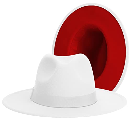 Klassischer Fedora-Hut mit breiter Krempe, für Damen und Herren, zweifarbig, mit Band, verstellbarer Filz-Panamahut, Weiß-Rot|Weißes Band, Medium von jingsha