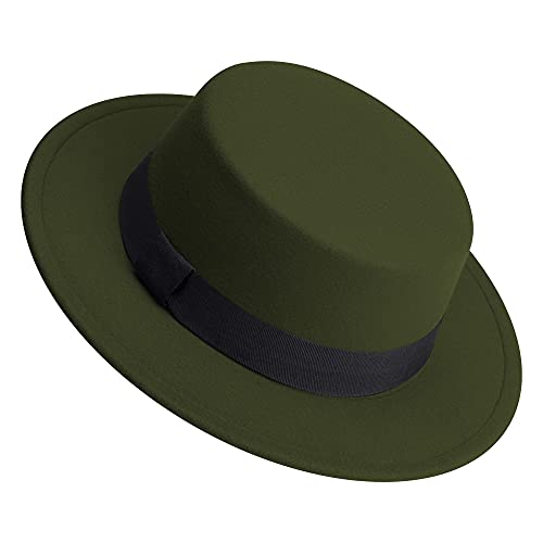 Klassischer Fedora-Hut mit flachem Zylinderhut aus Filz, Schweinefleisch, Kuchenhut, breite Krempe, Derby-Kappe für Damen und Herren, Grün (Army Green), MEDIUM von jingsha