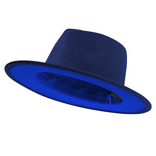 jingsha Fedora Hüte für Damen & Herren Breite Krempe Fedora Filz Panama Hut Herren Kleid Hüte mit Gürtelschnalle, Marineblau-Königsblau (innen), MEDIUM von jingsha