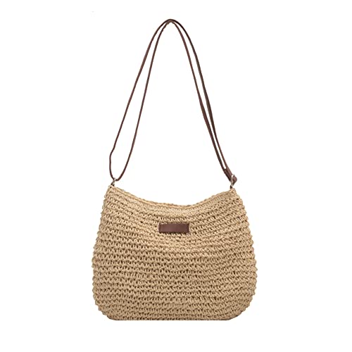 Korbtasche Crossbody Bag, Sommer Strandtasche Stroh Groß mit Reißverschluss, Stroh Handtasche Damen Umhängetasche, Handgemachte Gewebte Strohtasche mit Leder Schultergurt für Strand Reise Einkauf von jingyuKJ