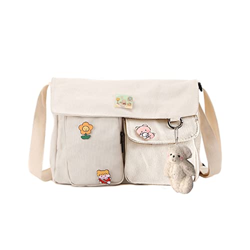 jingyuKJ Kawaii Schultasche Mädchen mit Kawaii, Niedlich Schutertasche mit Süß Anhänger, Canvas Crossbody Bag Damen Breiter, Handtasche Damen Umhängetasche für High School Teenager Mädchen von jingyuKJ