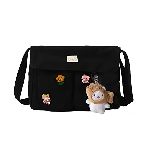 jingyuKJ Kawaii Schultasche Mädchen mit Kawaii, Niedlich Schutertasche mit Süß Anhänger, Canvas Crossbody Bag Damen Breiter, Handtasche Damen Umhängetasche für High School Teenager Mädchen von jingyuKJ