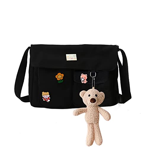 jingyuKJ Kawaii Schultasche Mädchen mit Kawaii, Niedlich Schutertasche mit Süß Anhänger, Canvas Crossbody Bag Damen Breiter, Handtasche Damen Umhängetasche für High School Teenager Mädchen von jingyuKJ