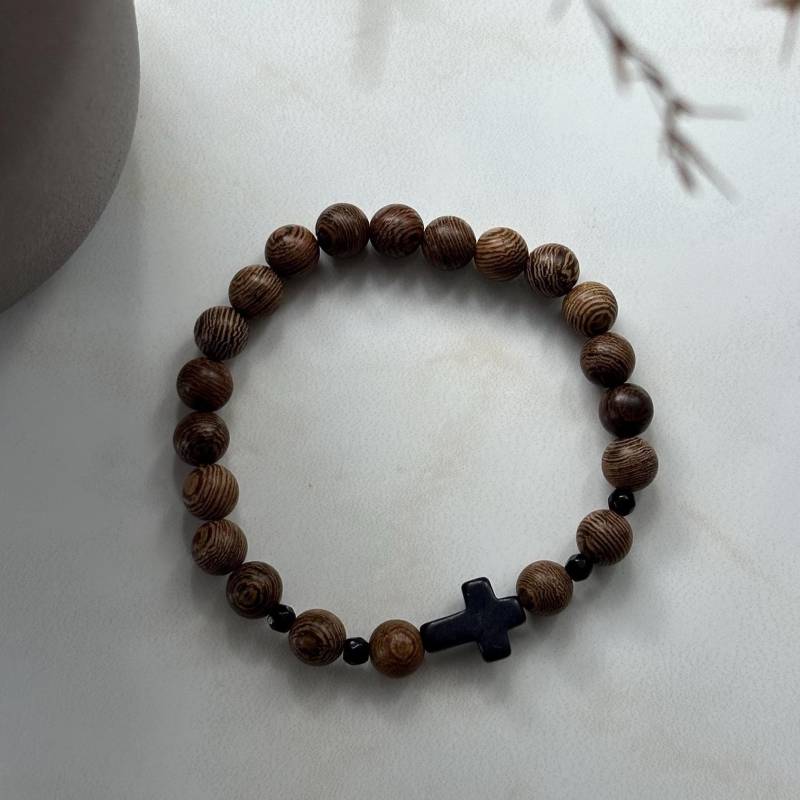 Armband Holz Türkis Schwarz Jesus Geschenkidee Kinder Taufe Kommunion Geburtstag Konfirmation Glaube Kreuz Männer von jjdjewels