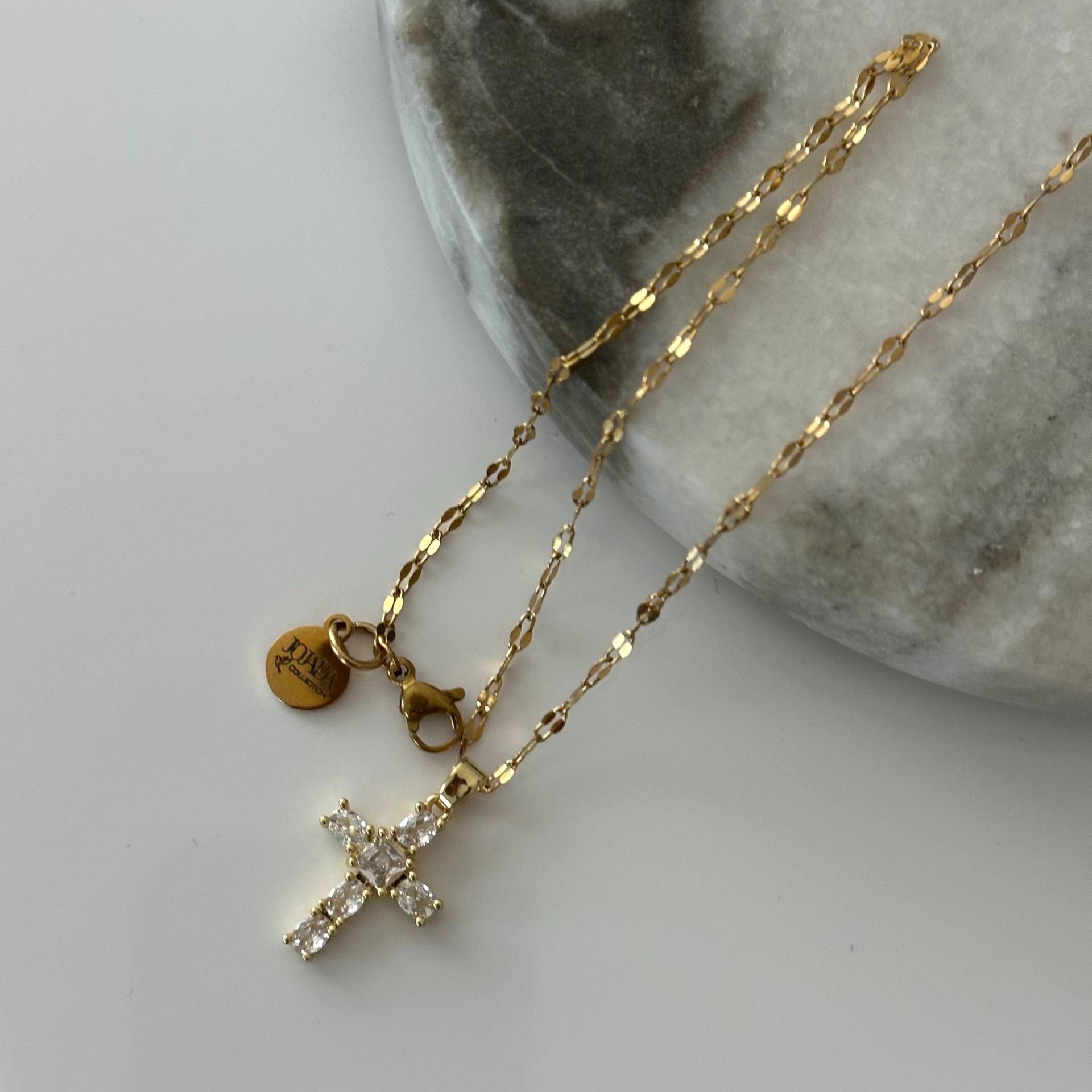 Kette Kreuz 316L Edelstahl Gold 18 Karat Vergoldet Jesus Geschenkidee Taufe Kommunion Geburtstag Konfirmation Glaube Weihnachten Strass von jjdjewels