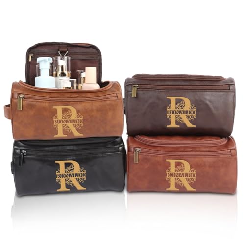 jklitio Kulturbeutel aus PU-Leder für Herren, personalisierbar, mit Initialen, große wasserdichte Rasur-Reisetasche, Geschenkidee für Vater, Ehemann, Freund, Braun, Kosmetiktasche von jklitio