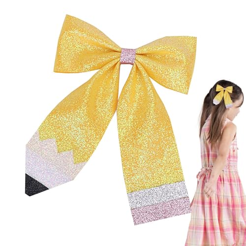 jlceh Zurück zur Schule Haarschleifenclips,Bleistift-Haarspange,Glitzer-Haarspangen im Bleistift-Design in Schleifenform für Mädchen | Gelbe Schleife Haarnadel Anti-Rutsch-Haarschmuck mit von jlceh