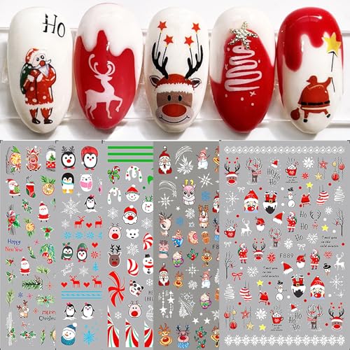 10 Blatt Nagelsticker Weihnachten Nagelaufkleber Selbstklebend Roter Weihnachtsbaum mit Schneeflocken Nail Art Sticker Dekoration Nageldesign Zubehör von jmeowio