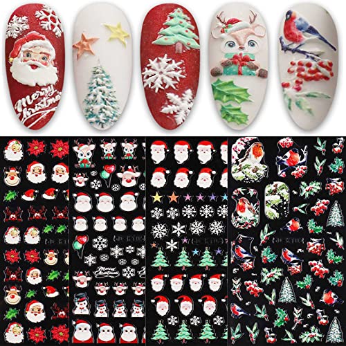 4 Blatt 3D Nagelsticker Weihnachten Nagelaufkleber 5D Stereoskopisch Selbstklebend Weihnachtsglocken Blau Schneemann Nail Art Sticker Dekoration Nageldesign Zubehör von jmeowio