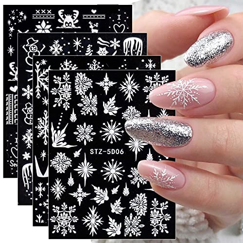 4 Blatt 3D Nagelsticker Weihnachten Nagelaufkleber Christmas 5D Stereoskopisch Selbstklebend Schneeflocke Feuerwerk Nail Art Sticker Dekoration Nageldesign Zubehör von jmeowio