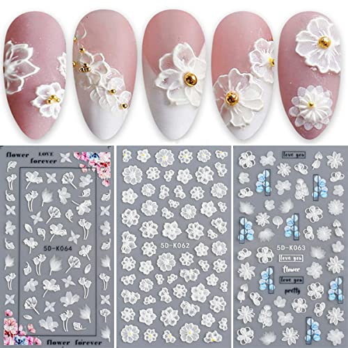 5D Geprägte Blume Nail Art Aufkleber 3 Blatt JMEOWIO Echte 3D Selbstklebende Abziehbilder Blumen Schmetterling Feder Blatt Design Nageldekoration für Frauen Mädchen von jmeowio