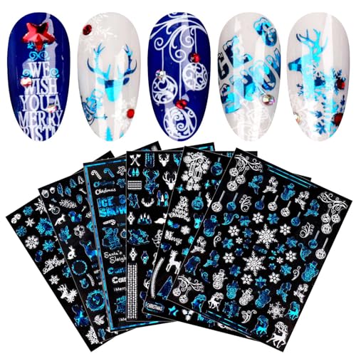 9 Blatt Nagelsticker Weihnachten Nagelaufkleber Selbstklebend Blau Weiß Schneeflocke Nail Art Sticker Dekoration Nageldesign Zubehör von jmeowio