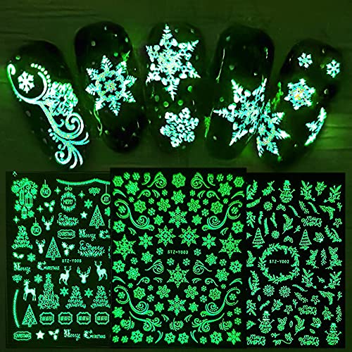 9 Blatt Nagelsticker Weihnachten Nagelaufkleber Selbstklebend Schneeflocken Reindeer Muster Leuchtend Nail Art Sticker Dekoration Nageldesign Zubehör - Glühen von jmeowio