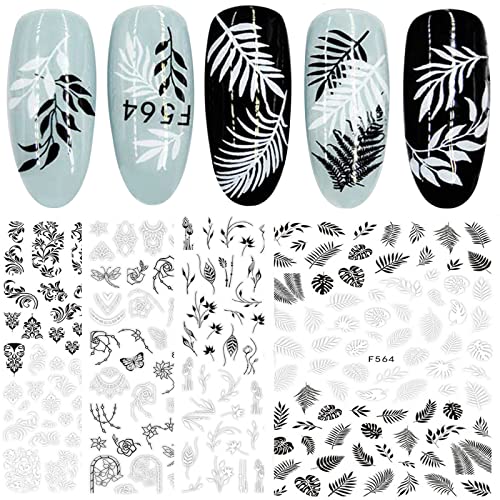 JMEOWIO 12 Blatt Nagelsticker Schwarz Weiß Blumen Nagelaufkleber Selbstklebende Rose Blumen Design Nageldekoration für Frauen Mädchen von jmeowio