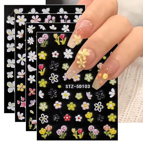 JMEOWIO 3D Nagelsticker Blume Nail Art Sticker Selbstklebend Nagelaufkleber 5D Stereoskopisch Frühlings Sommer Blumen Dekoration Nageldesign Zubehör 4 Blatt von jmeowio