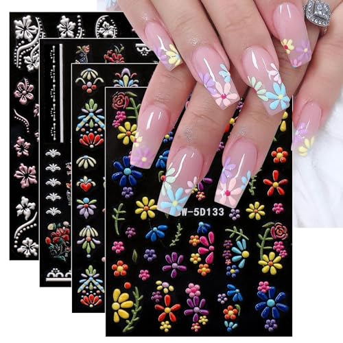 JMEOWIO 3D Nagelsticker Blume Nail Art Sticker Selbstklebend Nagelaufkleber 5D Stereoskopisch Frühlings Sommer Blumen Dekoration Nageldesign Zubehör 4 Blatt von jmeowio