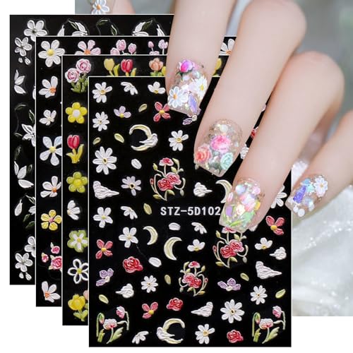 JMEOWIO 3D Nagelsticker Blume Nail Art Sticker Selbstklebend Nagelaufkleber 5D Stereoskopisch Frühlings Sommer Blumen Dekoration Nageldesign Zubehör 4 Blatt von jmeowio