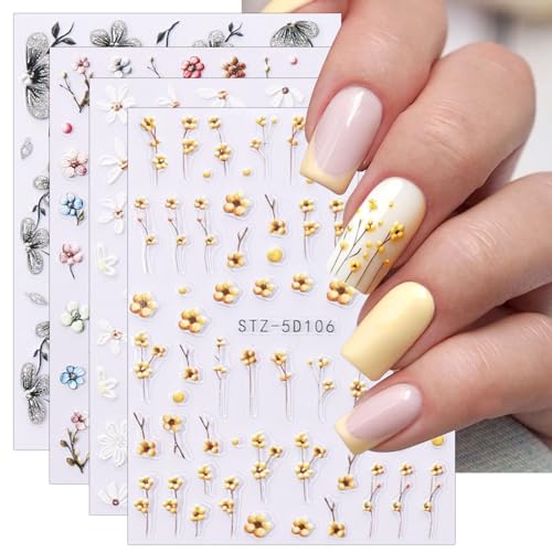 JMEOWIO 3D Nagelsticker Blume Nail Art Sticker Selbstklebend Nagelaufkleber 5D Stereoskopisch Frühlings Sommer Blumen Dekoration Nageldesign Zubehör 4 Blatt von jmeowio