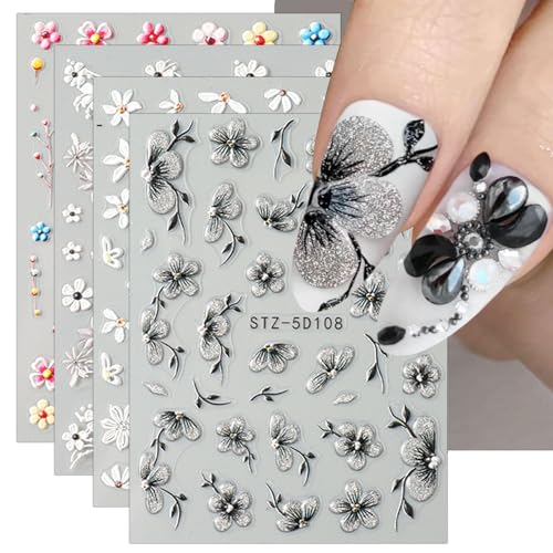 JMEOWIO 3D Nagelsticker Blume Nail Art Sticker Selbstklebend Nagelaufkleber 5D Stereoskopisch Frühlings Sommer Blumen Dekoration Nageldesign Zubehör 4 Blatt von jmeowio