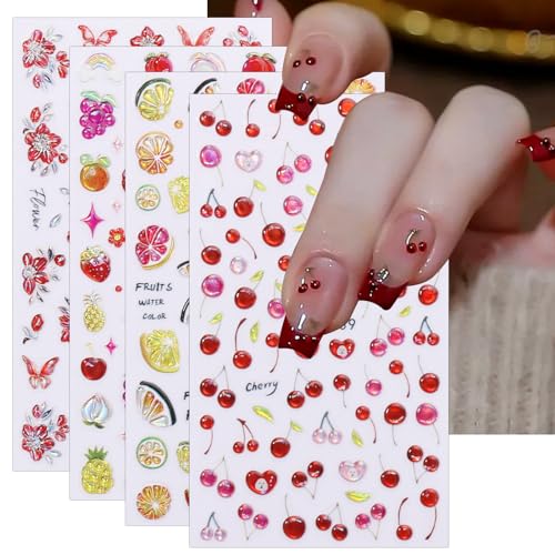 JMEOWIO 3D Nagelsticker Frucht Kirsche Zitrone Nail Art Sticker Selbstklebend Nagelaufkleber 5D Stereoskopisch Frühlings Sommer Blumen Dekoration Nageldesign Zubehör 4 Blatt von jmeowio