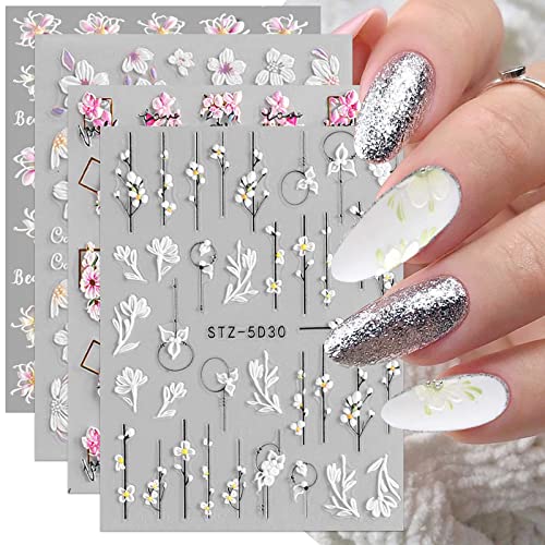 JMEOWIO 3D Nagelsticker Frühling Blume Nail Art Sticker Selbstklebend Nagelaufkleber 5D Stereoskopisch Blumen Dekoration Nageldesign Zubehör 4 Blatt von jmeowio