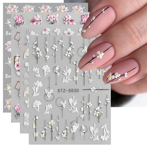 JMEOWIO 3D Nagelsticker Frühling Blume Nail Art Sticker Selbstklebend Nagelaufkleber 5D Stereoskopisch Blumen Dekoration Nageldesign Zubehör 4 Blatt von jmeowio