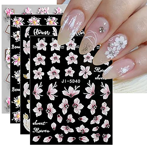 JMEOWIO 3D Nagelsticker Frühling Blume Nail Art Sticker Selbstklebend Nagelaufkleber 5D Stereoskopisch Buntes Sommer Blumen Dekoration Nageldesign Zubehör 4 Blatt von jmeowio