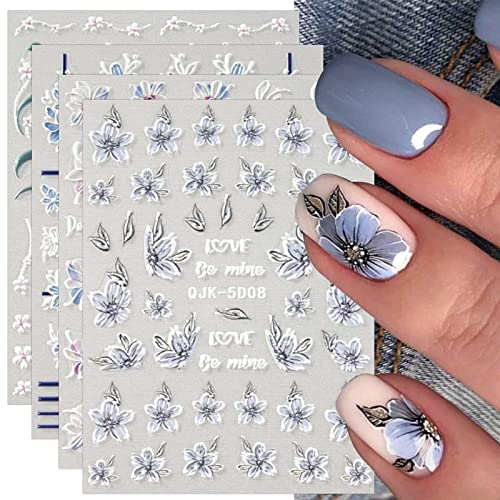 JMEOWIO 3D Nagelsticker Frühling Blume Nail Art Sticker Selbstklebend Nagelaufkleber 5D Stereoskopisch Buntes Sommer Blumen Dekoration Nageldesign Zubehör 4 Blatt von jmeowio