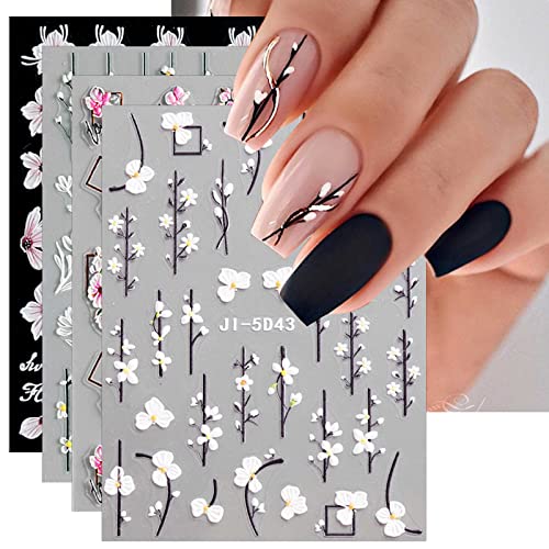 JMEOWIO 3D Nagelsticker Frühling Blume Nail Art Sticker Selbstklebend Nagelaufkleber 5D Stereoskopisch Buntes Sommer Blumen Dekoration Nageldesign Zubehör 4 Blatt von jmeowio