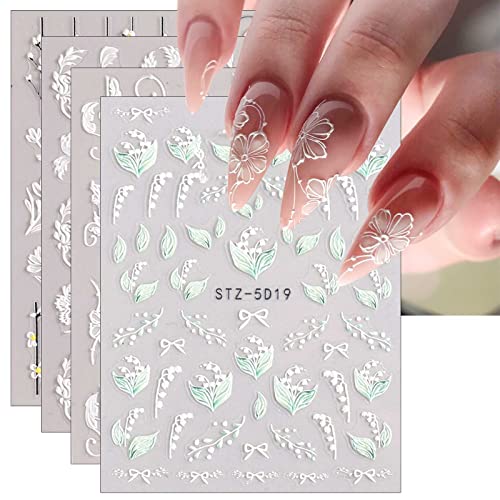 JMEOWIO 3D Nagelsticker Frühling Blume Nail Art Sticker Selbstklebend Nagelaufkleber 5D Stereoskopisch Buntes Sommer Blumen Dekoration Nageldesign Zubehör 4 Blatt von jmeowio