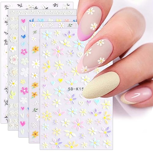 JMEOWIO 3D Nagelsticker Frühling Blumen 5 Blatt Nagelaufkleber 5D Stereoskopisch Selbstklebend Bunte Blüte Nail Art Sticker Dekoration Nageldesign Zubehör von jmeowio