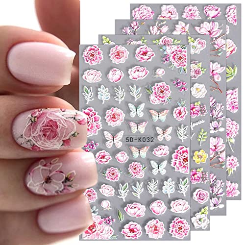 JMEOWIO 3D Nagelsticker Frühling Blumen Nail Art Sticker Selbstklebend Nagelaufkleber 5D Stereoskopisch Buntes Sommer Blumen Dekoration Nageldesign Zubehör 4 Blatt von jmeowio