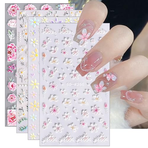 JMEOWIO 3D Nagelsticker Frühlings Blume Nail Art Sticker Selbstklebend Nagelaufkleber 5D Stereoskopisch Sommer Blumen Dekoration Nageldesign Zubehör 4 Blatt von jmeowio