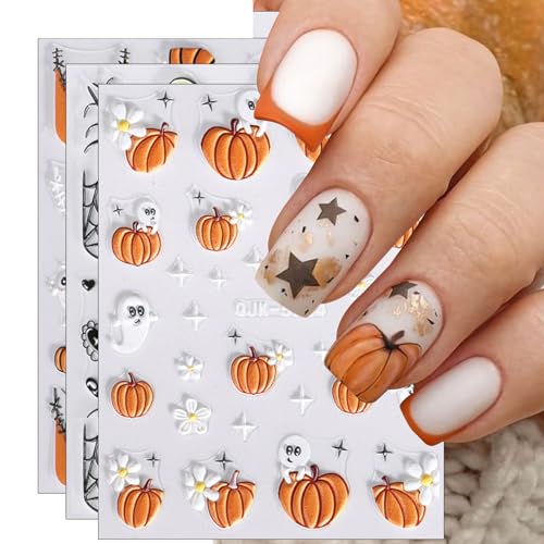 JMEOWIO 3D Nagelsticker Halloween Nail Art Sticker Selbstklebend Nagelaufkleber 5D Stereoskopisch Niedlicher Kürbis Geist Blumen Spuk Dekoration Nageldesign Zubehör 4 Blatt von jmeowio