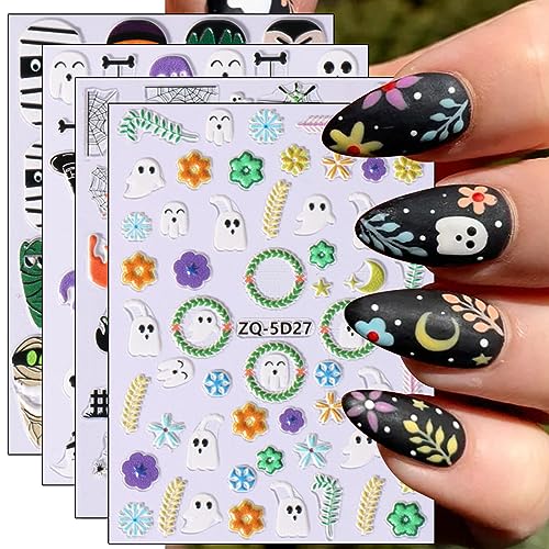 JMEOWIO 3D Nagelsticker Halloween Nail Art Sticker Selbstklebend Nagelaufkleber 5D Stereoskopisch Niedlicher Totenkopf Horror Geist Hexe Dekoration Nageldesign Zubehör 4 Blatt von jmeowio