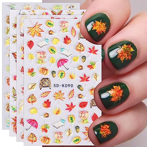 JMEOWIO 3D Nagelsticker Herbst Nail Art Sticker Selbstklebend Nagelaufkleber 5D Stereoskopisch Kürbis Ahornblatt Erntedankfest Dekoration Nageldesign Zubehör 4 Blatt von jmeowio