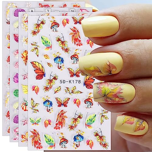 JMEOWIO 3D Nagelsticker Herbst Nail Art Sticker Selbstklebend Nagelaufkleber 5D Stereoskopisch Kürbis Ahornblatt Erntedankfest Dekoration Nageldesign Zubehör 4 Blatt von jmeowio