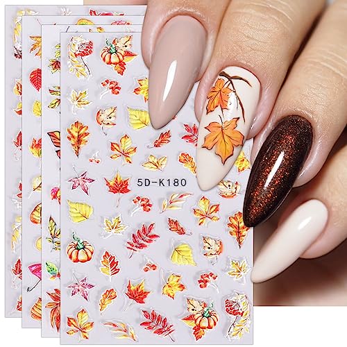 JMEOWIO 3D Nagelsticker Herbst Nail Art Sticker Selbstklebend Nagelaufkleber 5D Stereoskopisch Kürbis Ahornblatt Erntedankfest Dekoration Nageldesign Zubehör 4 Blatt von jmeowio