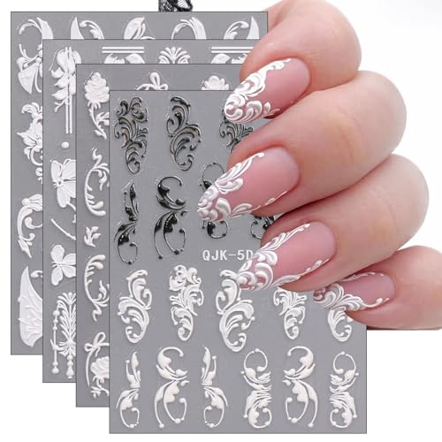 jmeowio 3D Nagelsticker Schwarz Weiß Blume Nail Art Sticker Selbstklebend Nagelaufkleber 5D Stereoskopisch Blumen Dekoration Nageldesign Zubehör 4 Blatt von jmeowio