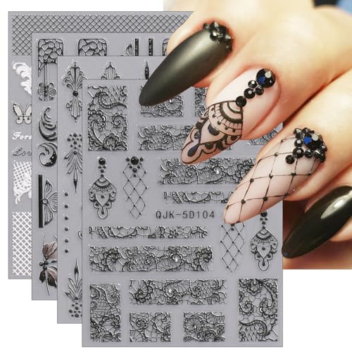 JMEOWIO 3D Nagelsticker Schwarz Weiß Blume Nail Art Sticker Selbstklebend Nagelaufkleber 5D Stereoskopisch Blumen Dekoration Nageldesign Zubehör 4 Blatt von jmeowio