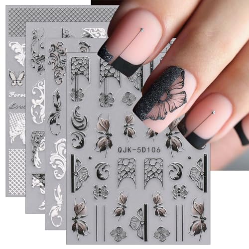 JMEOWIO 3D Nagelsticker Schwarz Weiß Blume Nail Art Sticker Selbstklebend Nagelaufkleber 5D Stereoskopisch Blumen Dekoration Nageldesign Zubehör 4 Blatt von jmeowio