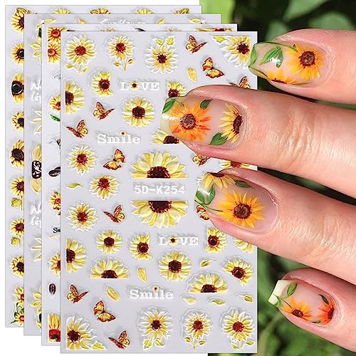 JMEOWIO 3D Nagelsticker Sonnenblume Sommer Blume Nail Art Sticker Selbstklebend Nagelaufkleber 5D Stereoskopisch Gänseblümchen Blumen Dekoration Nageldesign Zubehör 4 Blatt von jmeowio