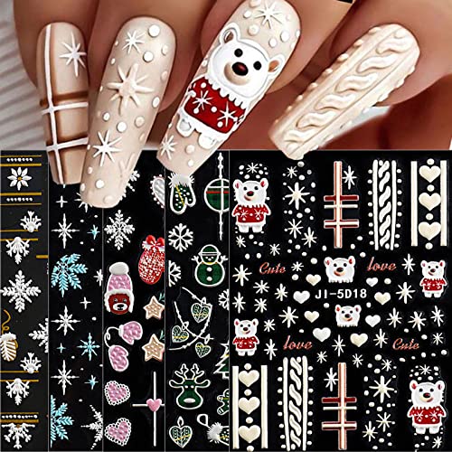 JMEOWIO 3D Nagelsticker Weihnachten 5 Blatt Nagelaufkleber 5D Stereoskopisch Selbstklebend Bärn-Schneeflocke-Schneemann-Herz-Rosa-Hut Nail Art Sticker Dekoration Nageldesign Zubehör von jmeowio