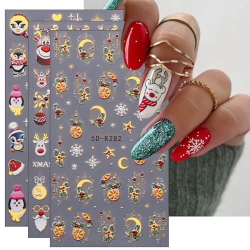 JMEOWIO 3D Nagelsticker Weihnachten Nail Art Sticker Selbstklebend Nagelaufkleber 5D Stereoskopisch Schneeflocken Winter Niedlich Dekoration Nageldesign Zubehör 4 Blatt von jmeowio