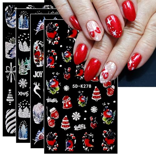 JMEOWIO 3D Nagelsticker Weihnachten Nail Art Sticker Selbstklebend Nagelaufkleber 5D Stereoskopisch Schneeflocken Winter Niedlich Dekoration Nageldesign Zubehör 4 Blatt von jmeowio