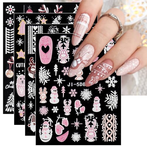 JMEOWIO 3D Nagelsticker Weihnachten Nail Art Sticker Selbstklebend Nagelaufkleber 5D Stereoskopisch Schneeflocken Winterurlaub Niedlich Dekoration Nageldesign Zubehör 4 Blatt von jmeowio