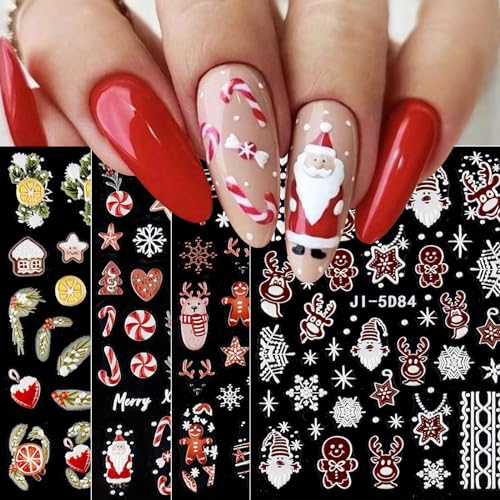 JMEOWIO 3D Nagelsticker Weihnachten Nail Art Sticker Selbstklebend Nagelaufkleber 5D Stereoskopisch Schneeflocken Winterurlaub Niedlich Dekoration Nageldesign Zubehör 4 Blatt von jmeowio