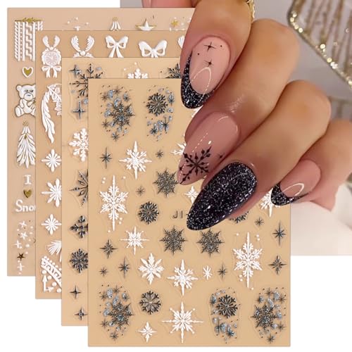 JMEOWIO 3D Nagelsticker Weihnachten Nail Art Sticker Selbstklebend Nagelaufkleber 5D Stereoskopisch Schneeflocken Winterurlaub Niedlich Dekoration Nageldesign Zubehör 4 Blatt von jmeowio