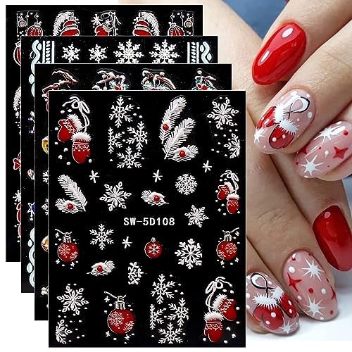 JMEOWIO 3D Nagelsticker Weihnachten Nail Art Sticker Selbstklebend Nagelaufkleber 5D Stereoskopisch Winter Schneeflocken Dekoration Nageldesign Zubehör 4 Blatt von jmeowio