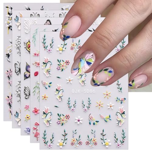 JMEOWIO 6 Blatt 3D Nagelsticker Blume Nail Art Sticker Selbstklebend Nagelaufkleber 5D Stereoskopisch Frühlings Blumen Dekoration Nageldesign Zubehör von jmeowio